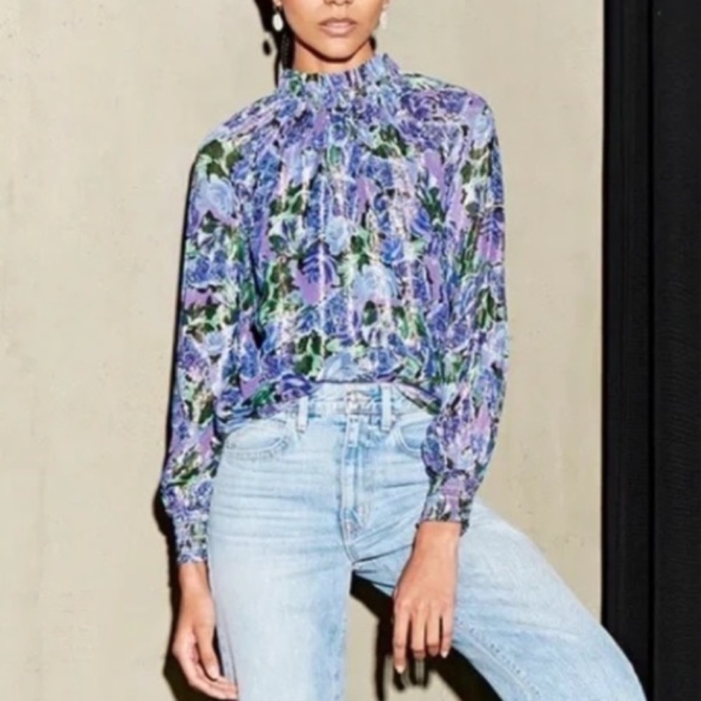 SAYLOR Midnight Floral gathered neck long sleeve Top 45223